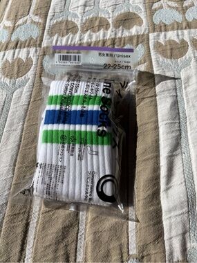 Unisex Family Mart Japanese Crew Socks with Blue & Green Stripes - Size 22-25cm
